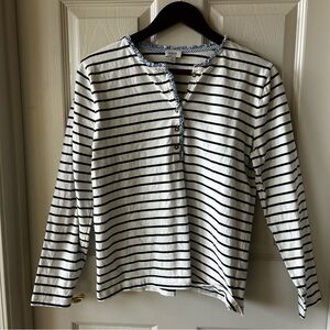 J.Crew Factory Navy Stripe Ruffle Trim Henley Long Sleeve Top Size M